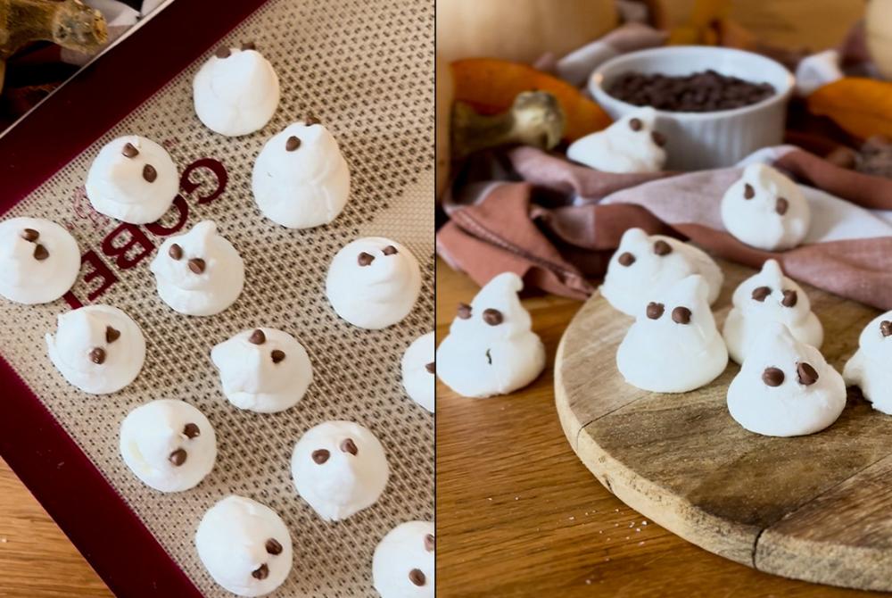 Image de meringues en formes de fantômes avec des yeux en pépites de chocolat pour halloween