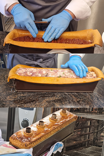 Images de la préparation d'un pâté en croûte par Aurélien Vidal, trois fois finaliste du Championnat de France de Pâté Croûte