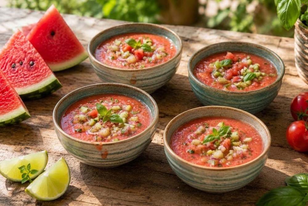 Gaspacho de pastèque rafraîchissant Quatre bols en céramique artisanale remplis de gaspacho de pastèque rouge vif, posés sur une table en bois rustique baignée de soleil. Chaque bol est garni d'oignon rouge, de concombre en dés, d'un filet d'huile et d'une feuille de basilic frais. Autour d