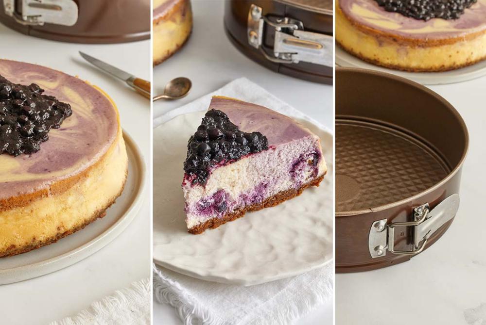 visuel comprenant trois image d'un cheesecake myrtille, sur la première image on peut voir le gâteau en entier, la seconde montre une part du gâteau et la troisième image montre le moule gobel qui a servi à cuire le gâteau
