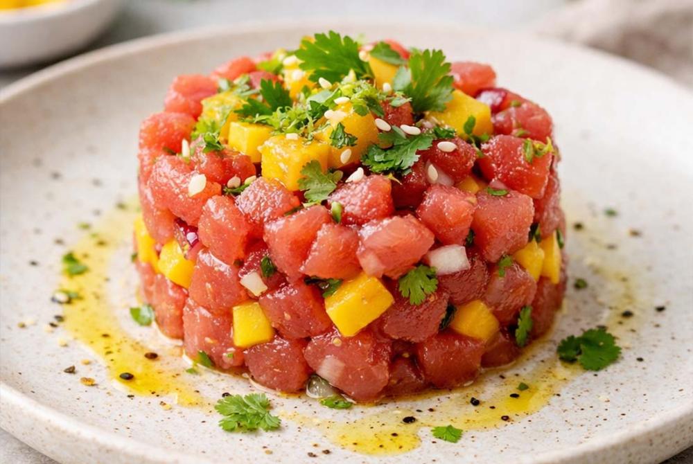 tartare de thon frais &agrave; la mangue et citron vert dress&eacute; avec pr&eacute;cision en assiette
