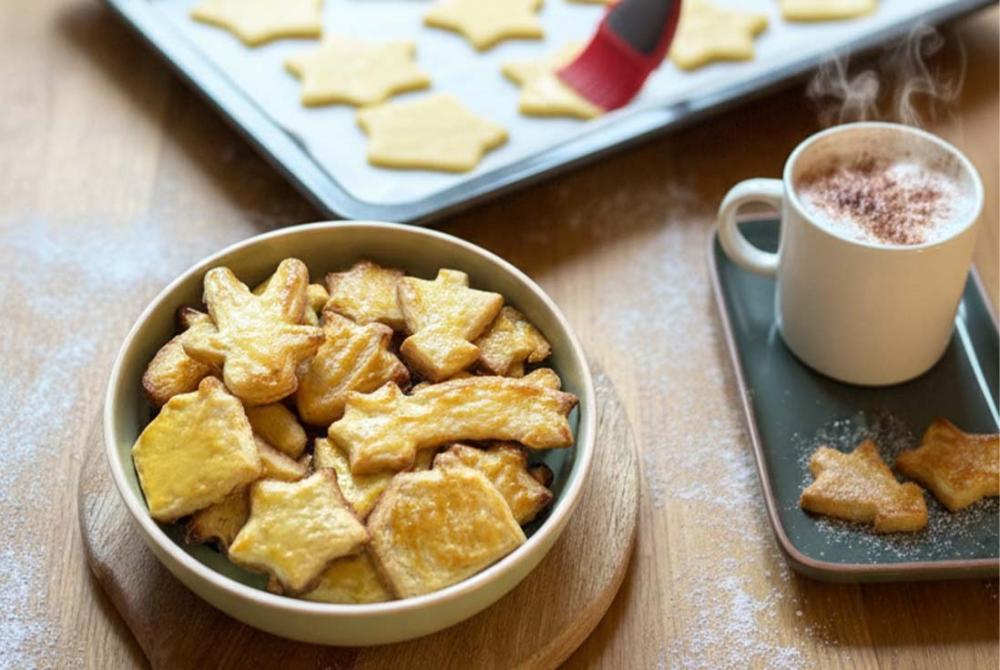 Un bol rempli de biscuits en formes d'éléments de noel et une tasse de chocolat chaud, créant une ambiance chaleureuse.