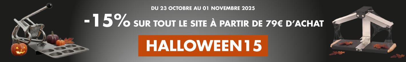 Bannière réduction spéciale halloween de 15% sur tout le site internet à partir de 79€ d'achat