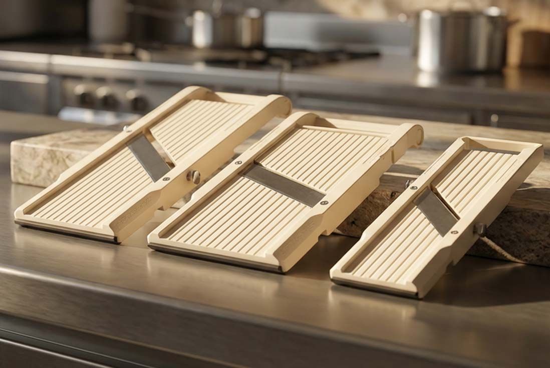 Gamme de trois mandolines de cuisine professionnelles Benriner beiges de différentes tailles disposées sur un plan de travail.