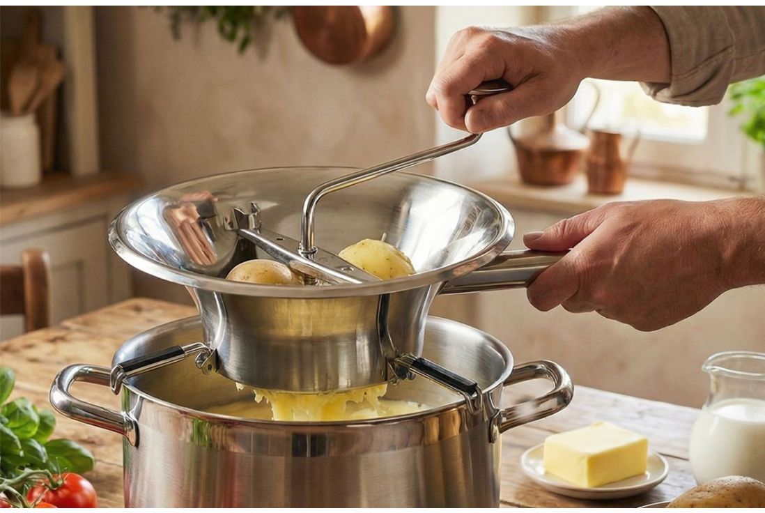 préparation d'une purée maison dans une moulin à légumes louis tellier