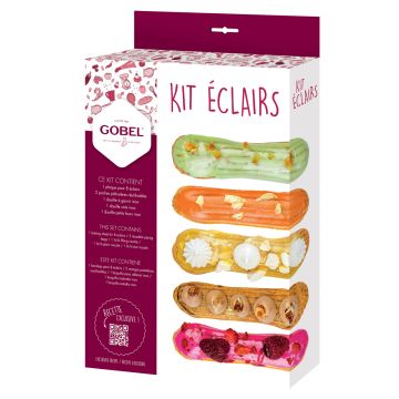 Kit &eacute;clairs : 1 plaque 8 &eacute;clairs, 2 poches p&acirc;tissi&egrave;res r&eacute;utilisables, 3 douilles inox - Recette exclusive incluse