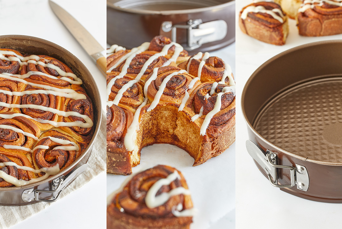 Image composée de trois prises de vue : un cinnamon roll dans le moule Gobel, une tranche du gâteau, et le moule antiadhérent Gobel vide.