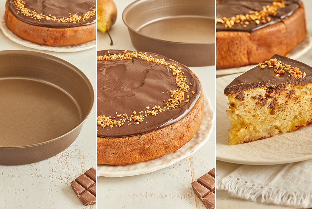 G&acirc;teau au yaourt moelleux aux pommes, poires et chocolat pr&eacute;sent&eacute; avec son moule &agrave; manqu&eacute; de la marque GOBEL